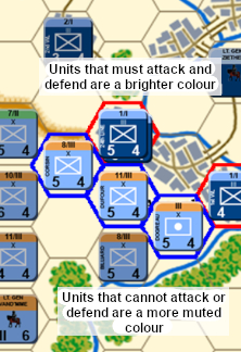 Units that must attack and defend are a lighter colour. Those that cannot attack or defend are a darker colour.