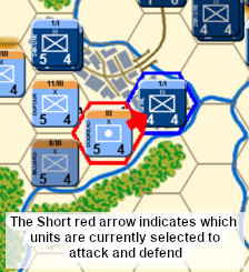 Short red arrows indicate which units are currently selected to attack and defend.