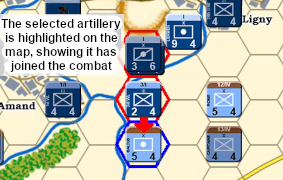 The selected artillery is highlighted on the map, showing it has joined the combat.